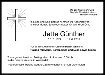 Traueranzeige von Jette Günther von Frankenpost