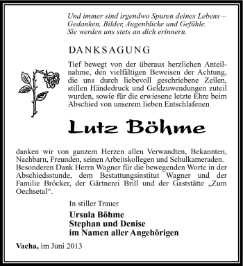 Traueranzeige von Lutz Böhme von Südthüringer Presse