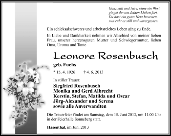 Traueranzeige von Leonore Rosenbusch von Südthüringer Presse