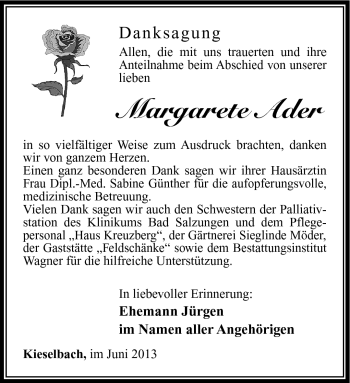 Traueranzeige von Margarete Ader von Südthüringer Presse