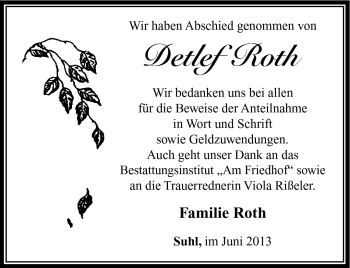 Traueranzeige von Detlef Roth von Südthüringer Presse