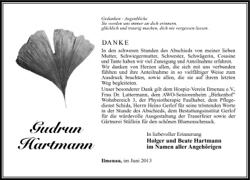 Traueranzeige von Gudrun Hartmann von Südthüringer Presse