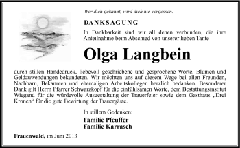 Traueranzeige von Olga Langbein von Südthüringer Presse