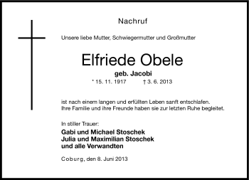 Traueranzeige von Elfriede Obele von Neue Presse Coburg