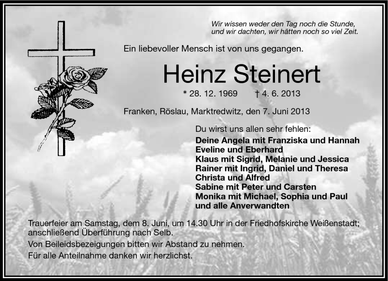  Traueranzeige für Heinz Steinert vom 07.06.2013 aus Frankenpost