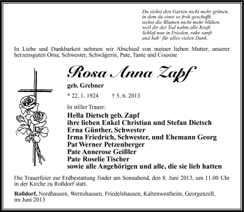 Traueranzeige von Rosa Anna Zapf von Südthüringer Presse