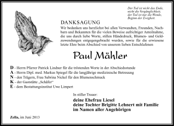 Traueranzeige von Paul Mähler von Südthüringer Presse