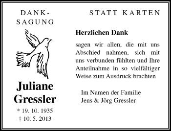 Traueranzeige von Juliane Gressler von Südthüringer Presse