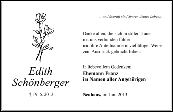 Traueranzeige von Edith Schönberger von Südthüringer Presse