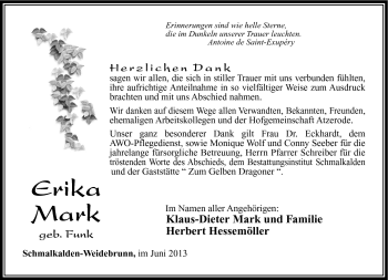 Traueranzeige von Erika Mark von Südthüringer Presse