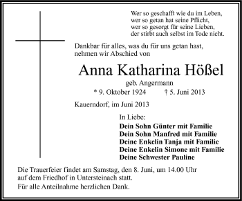 Traueranzeige von Anna Katharina Hößel von Frankenpost