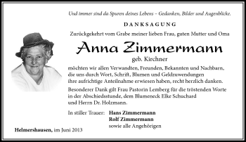 Traueranzeige von Anna Zimmermann von Südthüringer Presse