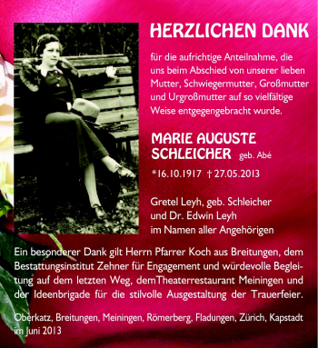 Traueranzeige von Marie Auguste Schleicher von Südthüringer Presse