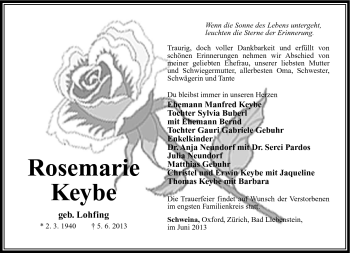 Traueranzeige von Rosemarie Keybe von Südthüringer Presse