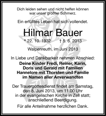 Traueranzeige von Hilmar Bauer von Frankenpost