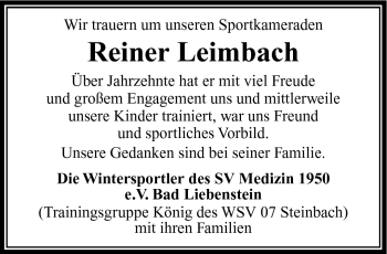 Traueranzeige von Reiner Leimbach von Südthüringer Presse