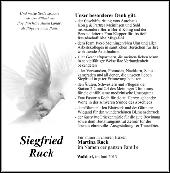 Traueranzeige von Siegfried Ruck von Südthüringer Presse