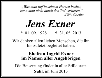 Traueranzeige von Jens Exner von Südthüringer Presse