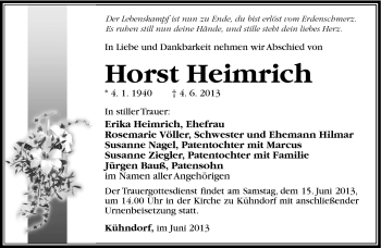 Traueranzeige von Horst Heimrich von Südthüringer Presse