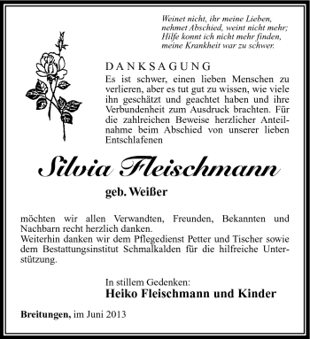 Traueranzeige von Silvia Fleischmann von Südthüringer Presse