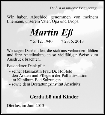 Traueranzeige von Martin Eß von Südthüringer Presse
