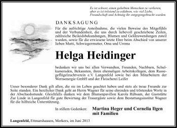Traueranzeige von Helga Heidinger von Südthüringer Presse