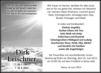 Traueranzeige von Dirk Leischner von Südthüringer Presse