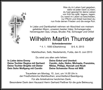 Traueranzeige von Wilhelm Martin Thumser von Frankenpost
