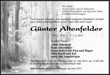 Traueranzeige von Günter Altenfelder von Südthüringer Presse