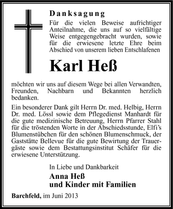 Traueranzeige von Heß Karl von Südthüringer Presse