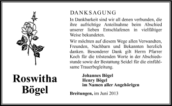 Traueranzeige von Roswitha Bögel von Südthüringer Presse