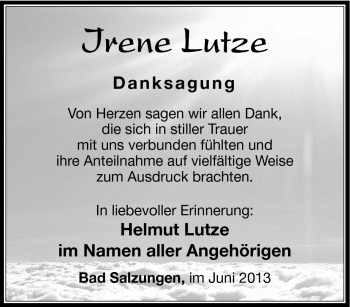 Traueranzeige von Irene Lutze von Südthüringer Presse