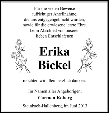 Traueranzeige von Erika Bickel von Südthüringer Presse