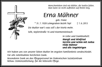 Traueranzeige von Erna Mähner von Frankenpost