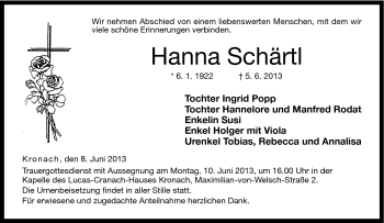 Traueranzeige von Hanna Schärtl von Neue Presse Coburg