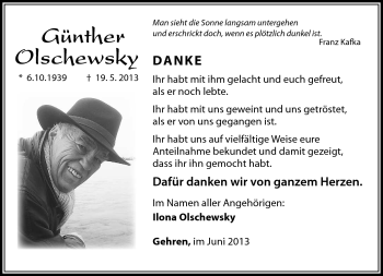 Traueranzeige von Günther Olschewsky von Südthüringer Presse