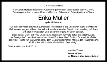 Traueranzeige von Erika Müller von Frankenpost