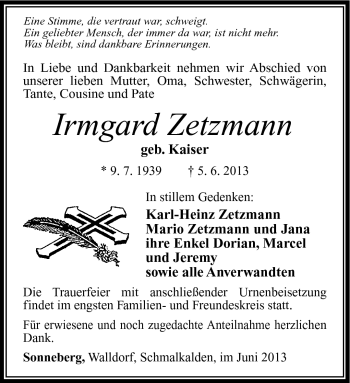 Traueranzeige von Irmgard Zetzmann von Südthüringer Presse