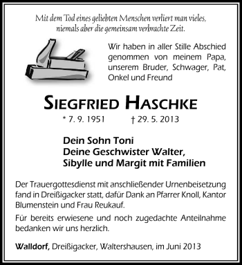 Traueranzeige von Siegfried Haschke von Südthüringer Presse