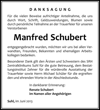Traueranzeige von Manfred Schubert von Südthüringer Presse