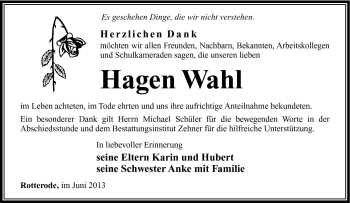 Traueranzeige von Hagen Wahl von Südthüringer Presse