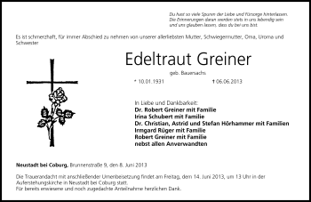 Traueranzeige von Edeltraut Greiner von Neue Presse Coburg