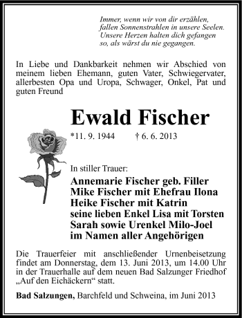 Traueranzeige von Ewald Fischer von Südthüringer Presse