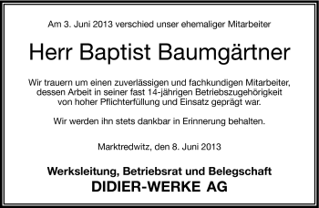 Traueranzeige von Baptist Baumgärtner von Frankenpost