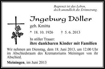 Traueranzeige von Ingeburg Döller von Südthüringer Presse