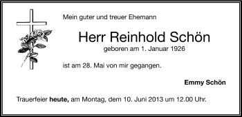 Traueranzeige von Reinhold Schön von Frankenpost