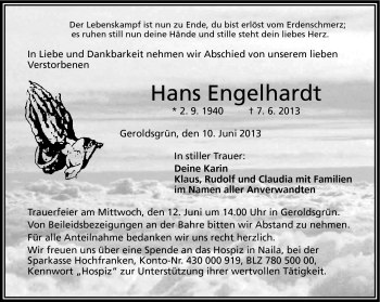 Traueranzeige von Hans Engelhardt von Frankenpost