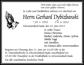 Traueranzeige von Gerhard Dybizbanski von Frankenpost