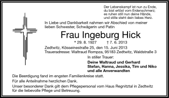 Traueranzeige von Ingeburg Hick von Frankenpost