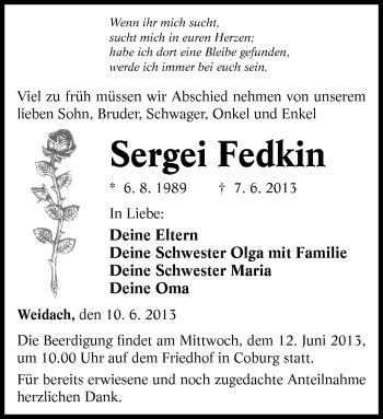 Traueranzeige von Sergei Fedkin von Neue Presse Coburg